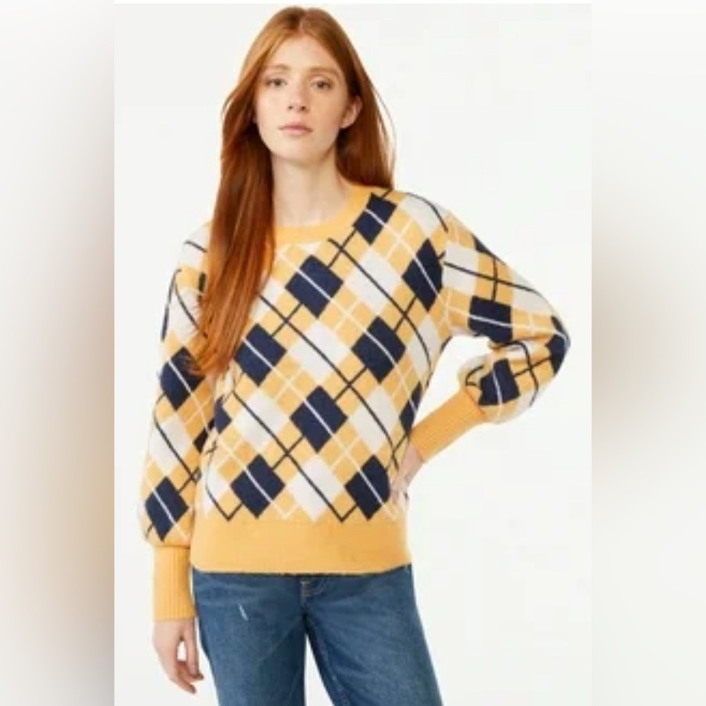 Free Assembly Womens Argyle Sweater in Yellow, Navy & White Balloon Sleeve Sz‎ L